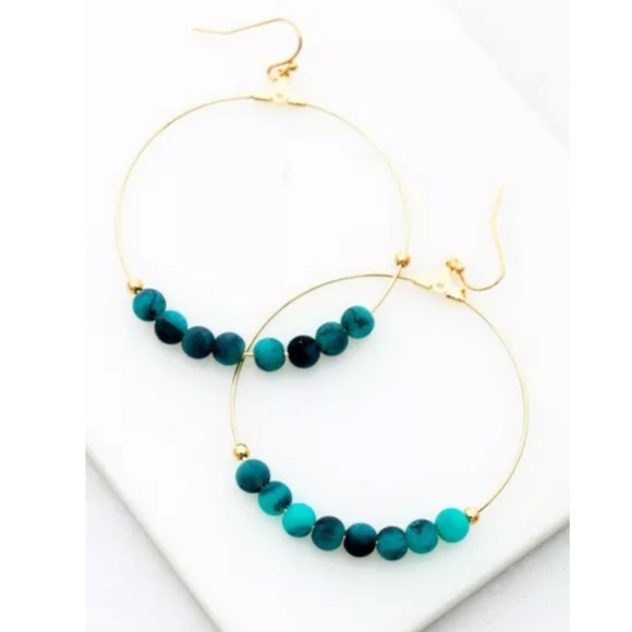 Jewelry - Turquoise Natural Stone Bead Gold Hoop Earrings